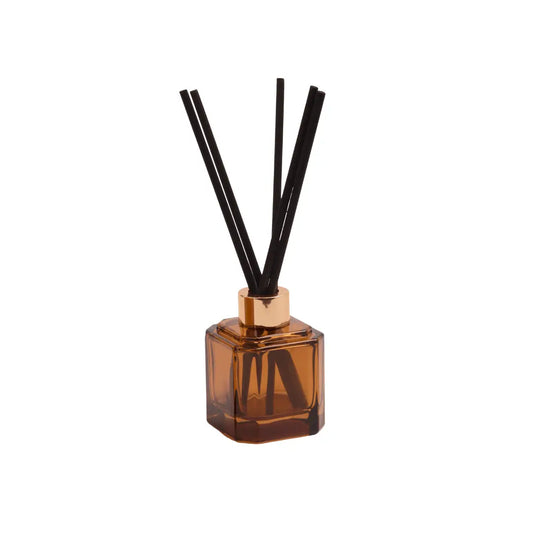 The Botanica Glass Diffuser - Leather + Smoke features a brown glass bottle, black reeds, and gold cap, evoking Leather & Smoke notes. From the Luxurious Botanica Collection, its a chic modern diffuser shown on a white background.