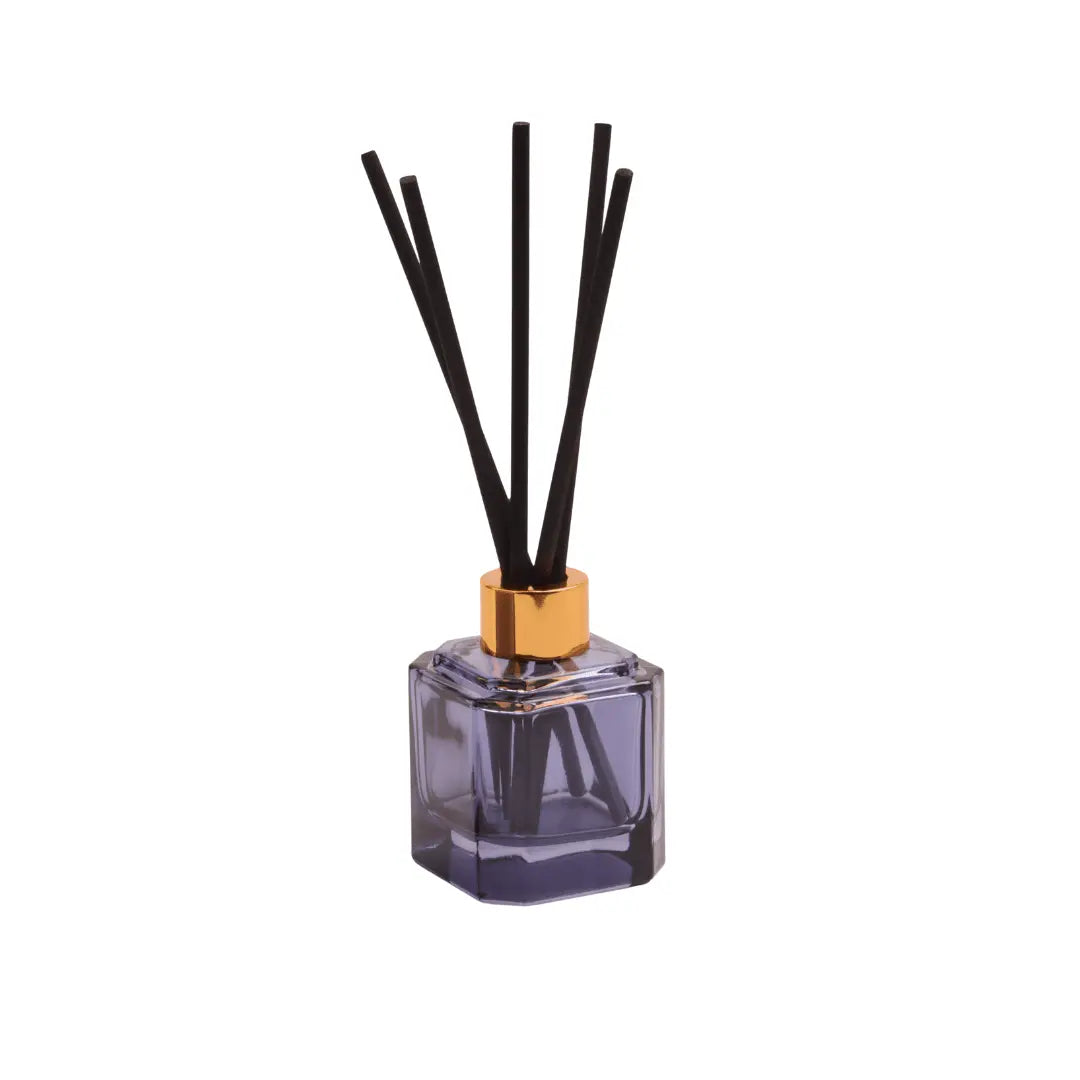 The Botanica Glass Diffuser - Sea Salt + Amber features a gold cap, black reeds, and purple liquid—an elegant addition to your Candles and Diffusers decor, shown on a white background.