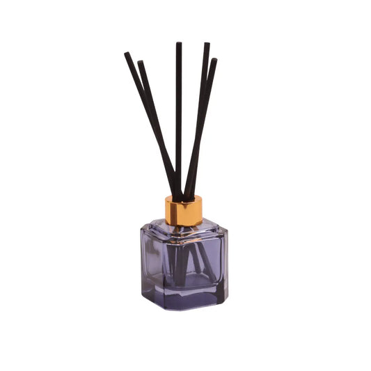 The Botanica Glass Diffuser - Sea Salt + Amber features a gold cap, black reeds, and purple liquid—an elegant addition to your Candles and Diffusers decor, shown on a white background.