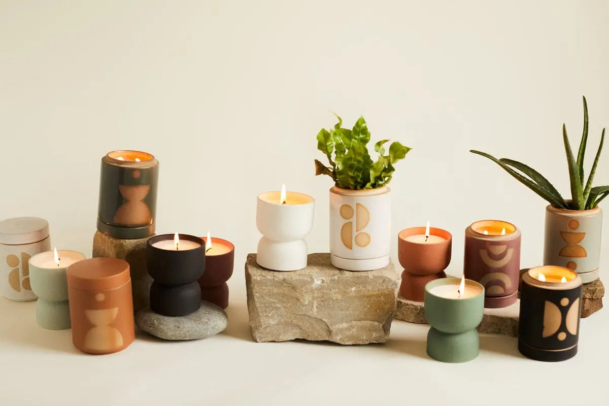 The Form 6oz. Burnt Sienna Matte Hourglass Ceramic candle in Wild Fig & Vetiver sits among minimalist vessels and two small plants on a neutral stone background, enhancing the décor with its subtle fragrance.