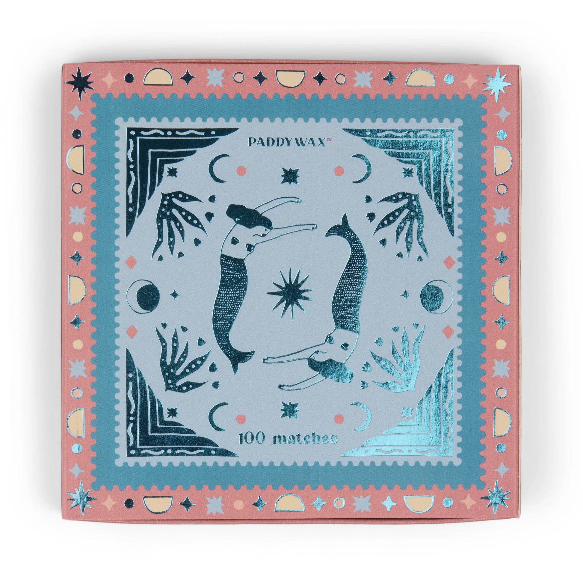 Jumbo Boxed Matches - Mermaids: Square matchbox with pink and blue design, mirrored mermaids, crescent moons, stars, and hands. Contains 100 matches. Perfect pairing for your Paddywax candle.