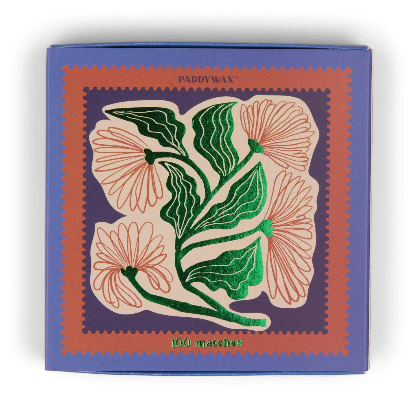 The Jumbo Boxed Matches - Floral by Paddywax features a square matchbox with 100 jumbo matches and a decorative floral design in pink, green, and gold on a purple-peach background—perfect for lighting your favorite Paddywax candle.