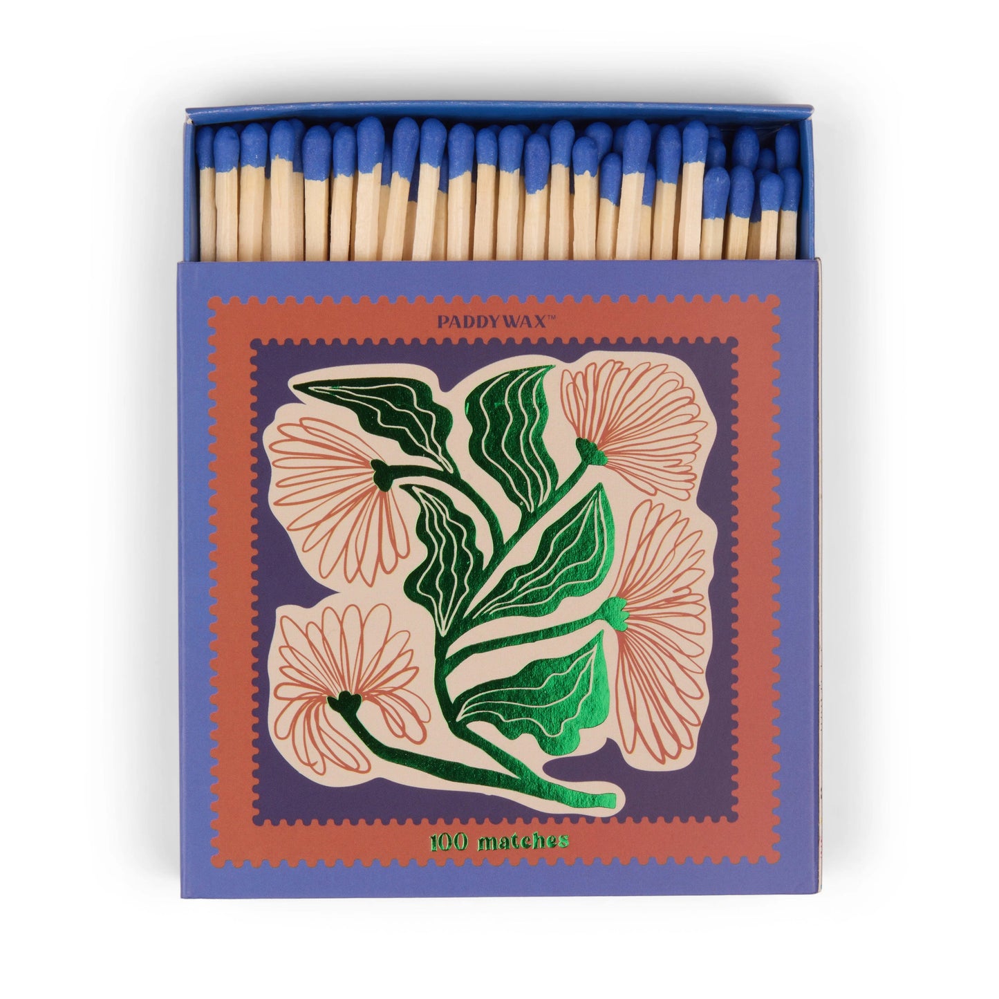The Jumbo Boxed Matches - Floral holds 100 blue-tipped jumbo matches in a decorative box with a floral design—ideal for lighting your favorite Paddywax candle.