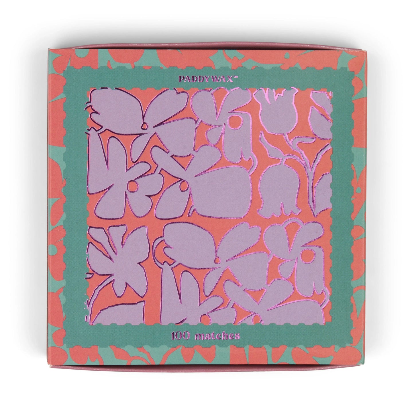 The Jumbo Boxed Matches - Abstract Floral features a square box with a purple and pink floral design, green and pink borders, and contains 100 matches—ideal for lighting your favorite Paddywax candle.