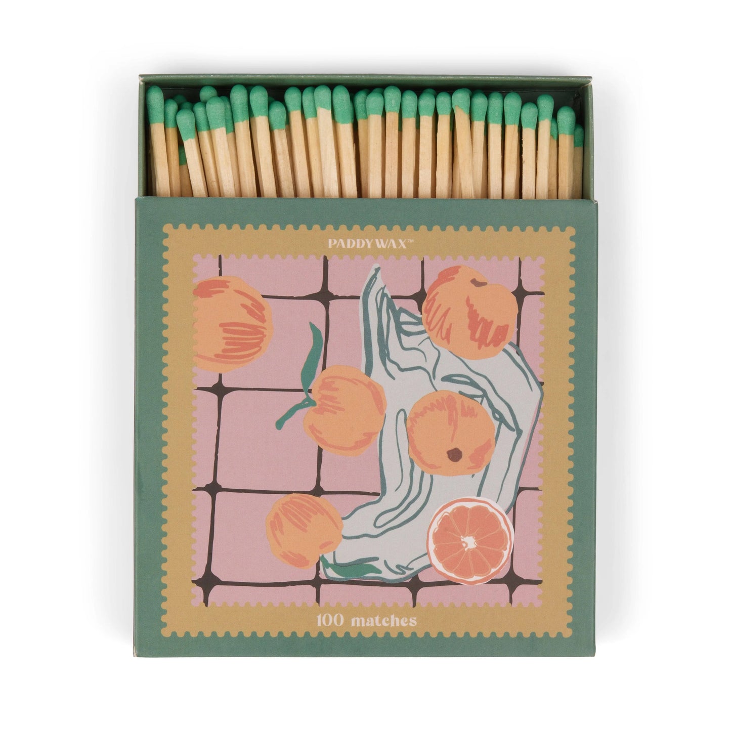A decorative jumbo box of 100 green-tipped matches featuring oranges on the lid—perfect for lighting your favorite Paddywax candle.