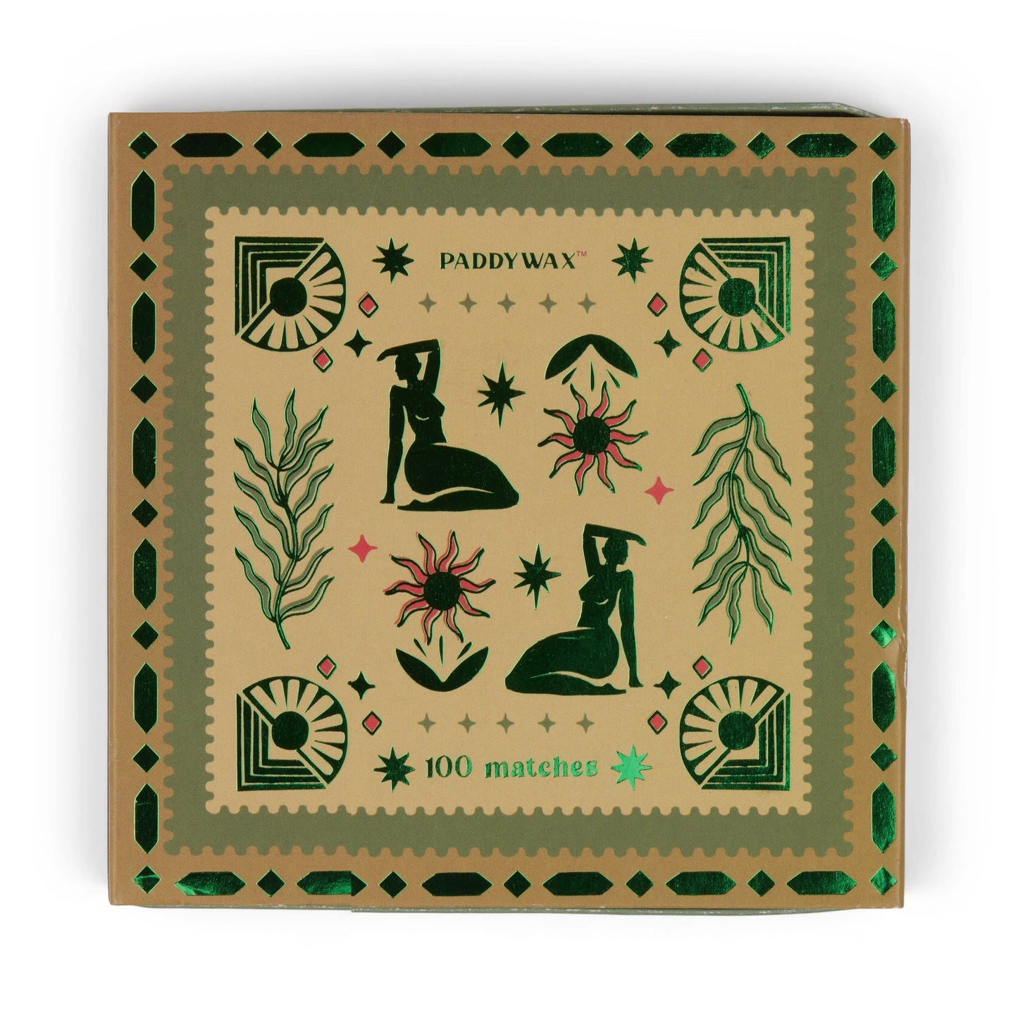 The Jumbo Boxed Matches - Femme features a square matchbox with green and red illustrated designs of two seated women, plants, stars, and geometric borders. Includes 100 matches and Paddywax branding—a stylish candle accessory.
