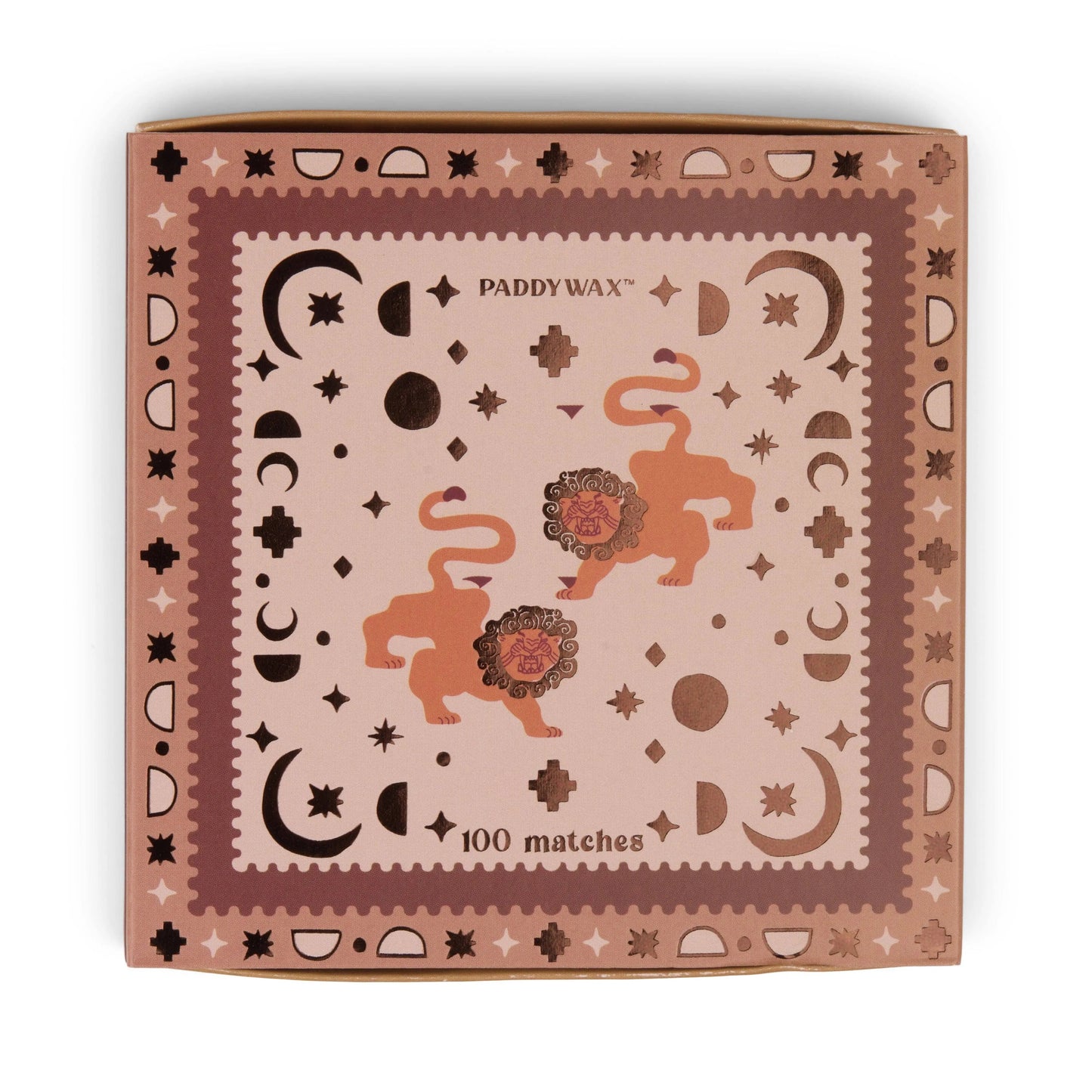 The Jumbo Boxed Matches - Lions features a square box with two stylized lions and geometric designs in brown and pink. The box contains 100 jumbo matches.