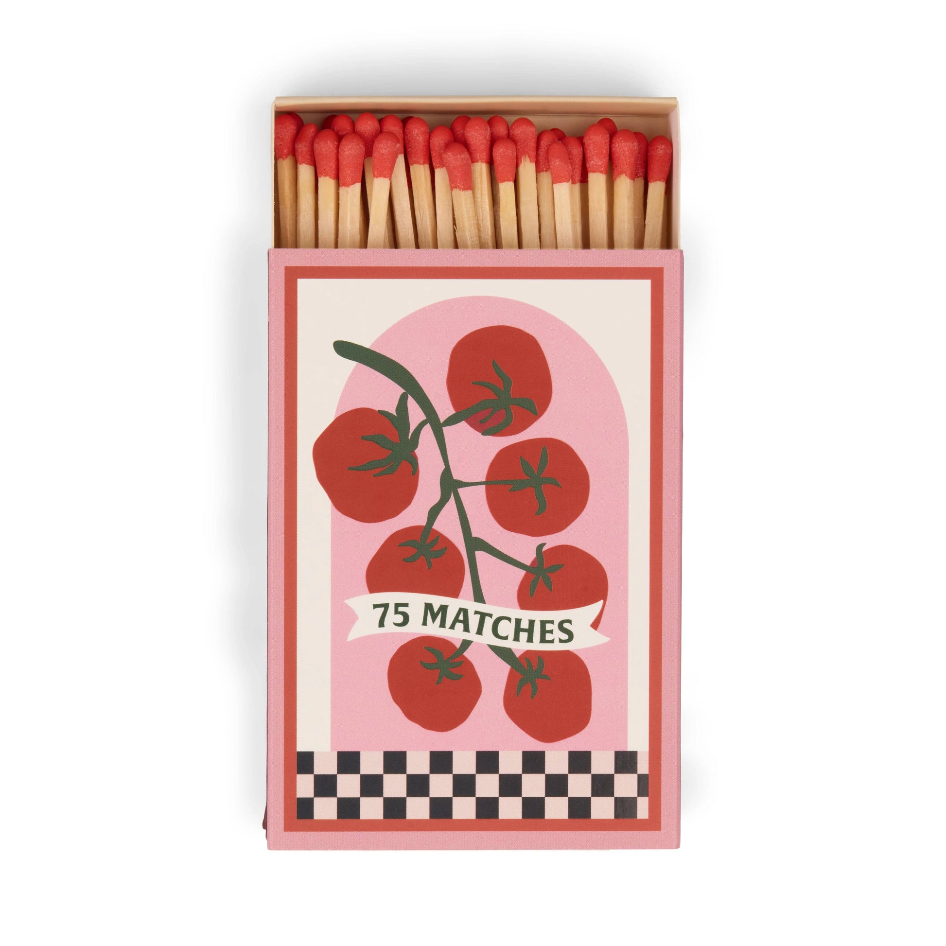 An open A Dopo Tomato Vine matchbox with 75 red-tipped safety matches inside, featuring a Mediterranean tomato illustration on the box.