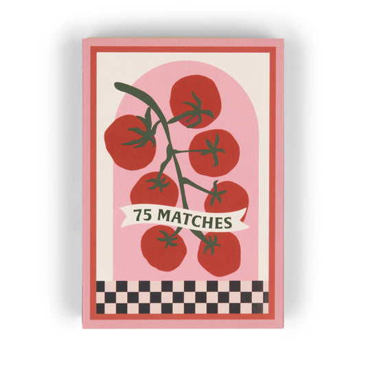 The A Dopo Tomato Vine - 75ct Boxed Matches features a Mediterranean tomato vine design, a 75 safety matches banner, and a black-and-white checkerboard base—ideal for your next A Dopo gathering.