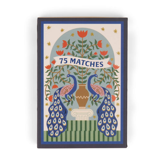 A Dopo Peacock - 75ct Boxed Matches: features an illustrated design with two peacocks, a large vase, flowers, and a decorative arch—perfect for lighting your favorite candle.