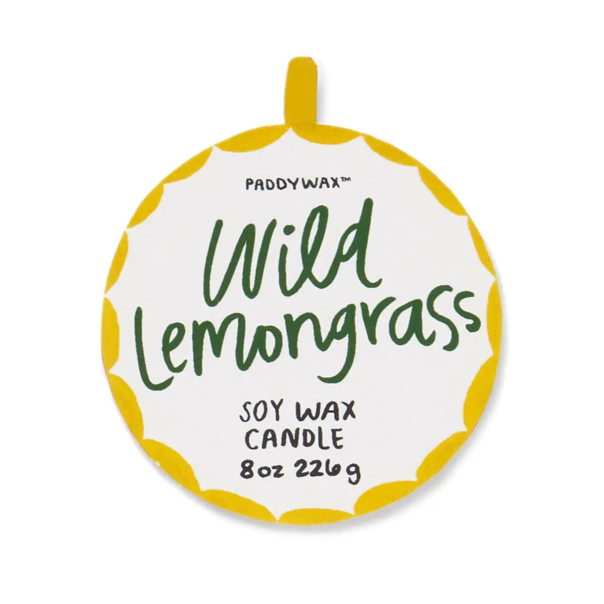 A round label with yellow scalloped edges reads A Dopo Snake Candle - Wild Lemongrass, Soy Wax Candle, 8oz 226g, Paddywax in green and black—celebrating bold fragrances and signature style in ceramic candles.