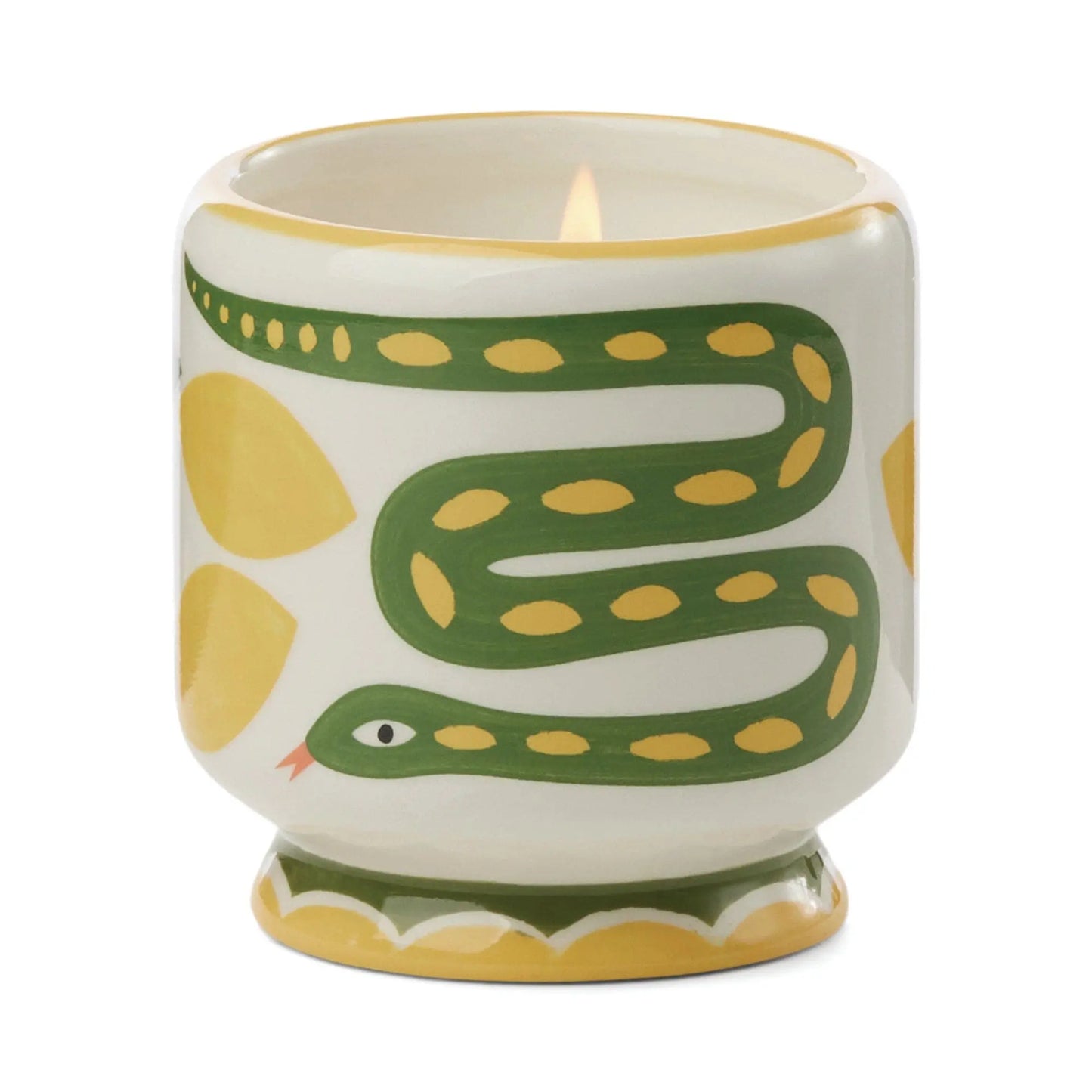 The A Dopo Snake Candle - Wild Lemongrass features a lit ceramic design in a white holder, hand-painted with a bold green snake and yellow leaf details to add unique charm to your space.