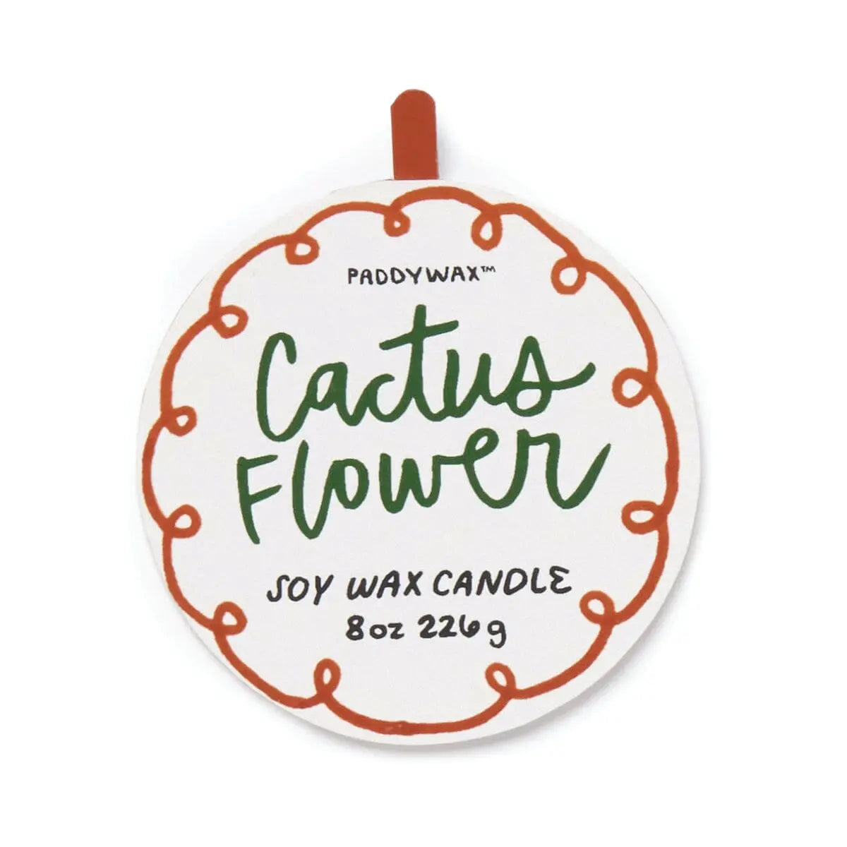 Round label with orange border reads A Dopo Flower Candle - Cactus Flower in handwritten style, filling your space with vibrant, bold fragrance.