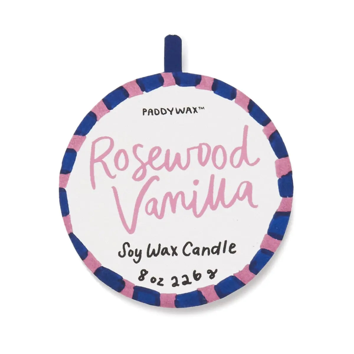Round label for A Dopo Hearts Candle - Rosewood Vanilla, inspired by Mediterranean travels, with blue and pink border and text indicating 8 oz / 226 g.
