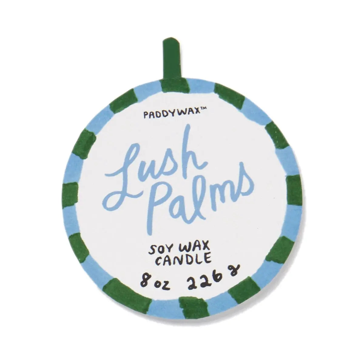 Round label for A Dopo Palm Tree Candle - Lush Palms, 8 oz (226 g), featuring a blue and green border with a green top tab—perfect for lovers of bold scents and Mediterranean-inspired candles.