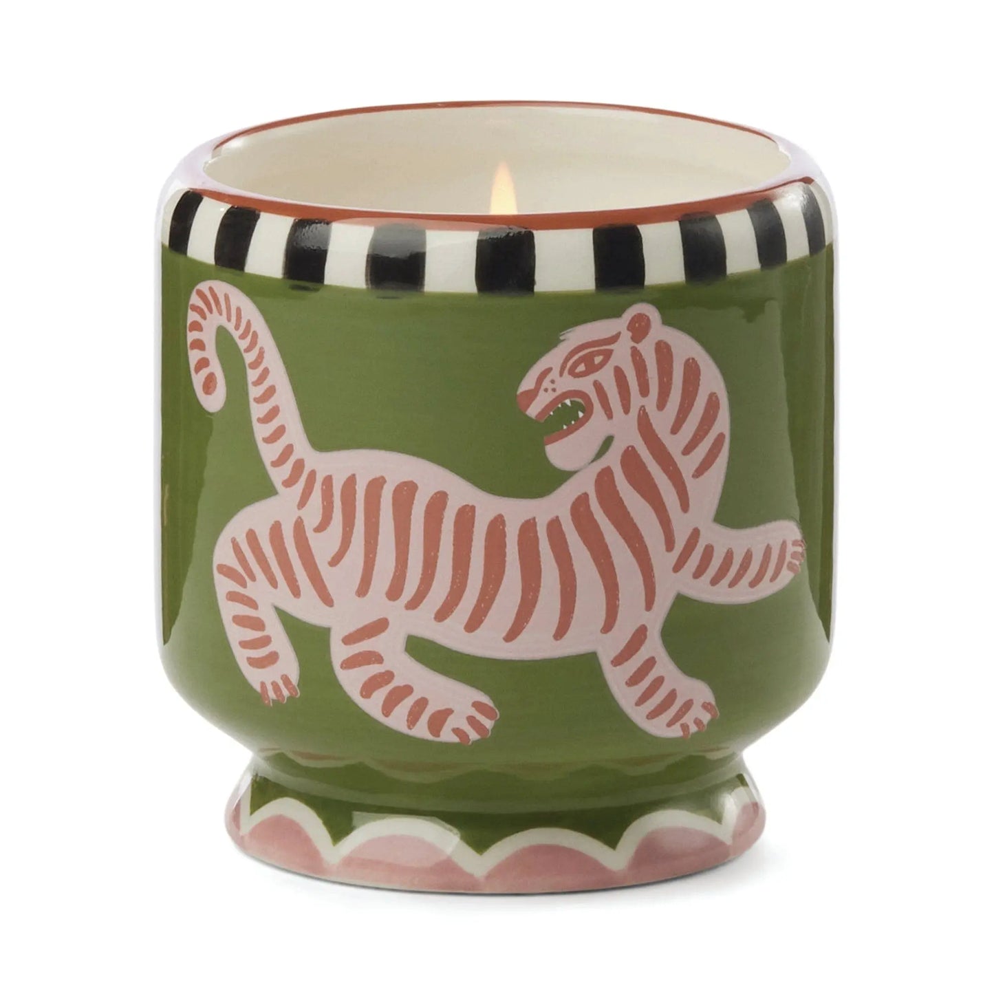 The A Dopo Tiger Candle – Black Cedar & Fig features bold fragrances in a green ceramic holder with a pink tiger and black-and-white rim details, inspired by the Mediterranean.