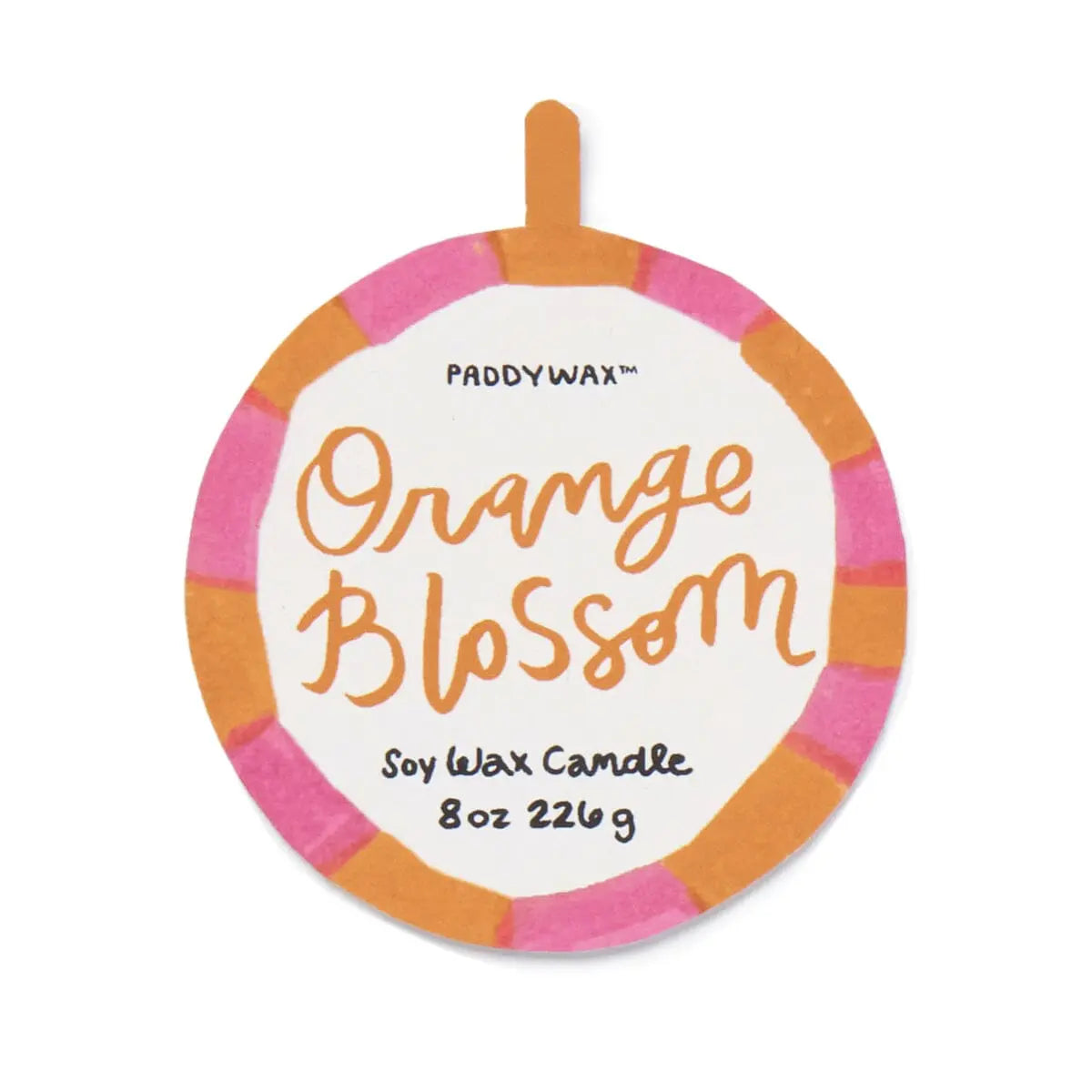 A round label with orange and pink borders reads A Dopo Sun Candle - Orange Blossom in handwritten-style text, perfect for those who love ceramic candles and bold fragrances.