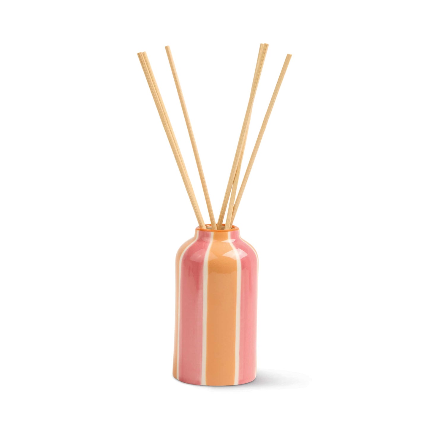 The Orange Blossom - A Dopo 4 oz Diffuser features a pink and orange striped ceramic bottle with reed sticks, displayed against a white background.