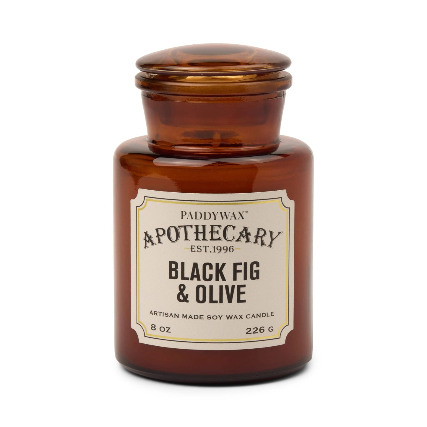 Apothecary 8 oz Candle - Black Fig + Olive on white background.