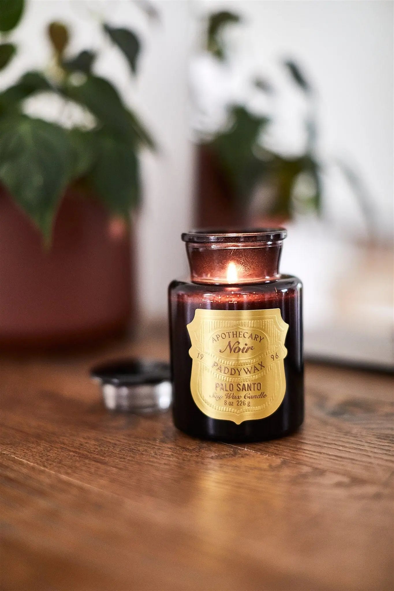 A lit Apothecary Noir - Palo Santo 8oz candle in sleek black glass rests on a wooden surface, accompanied by its lid and potted plants in the background.
