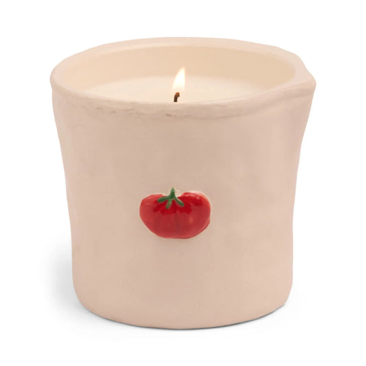 The Bistro Candle - Heirloom Tomato is a white candle in a cream ceramic holder with a hand-painted tomato, part of the Paddywax Bistro collection featuring charming food icons.