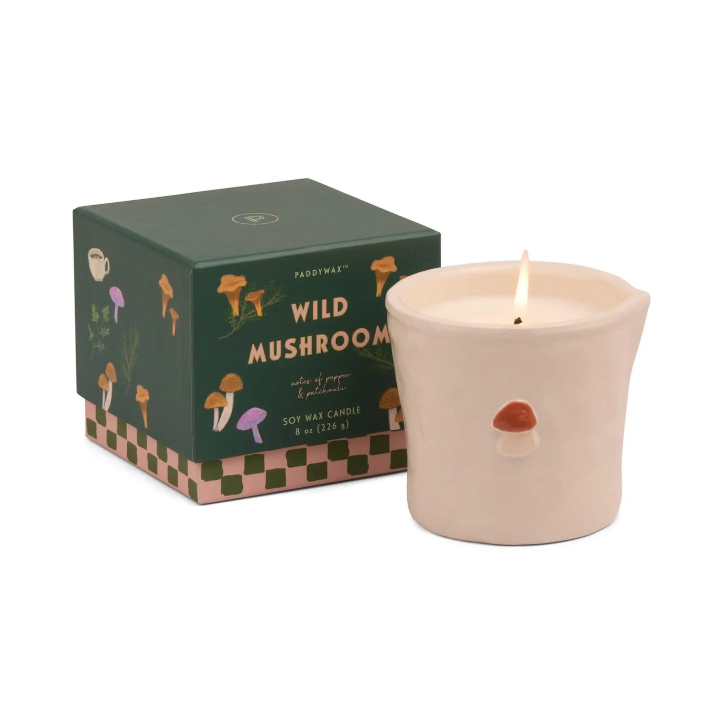 The Bistro Candle - Wild Mushroom features an aromatic soy wax candle in a cream ceramic holder with a mushroom design, paired with its green Wild Mushroom box from the Bistro Collection.