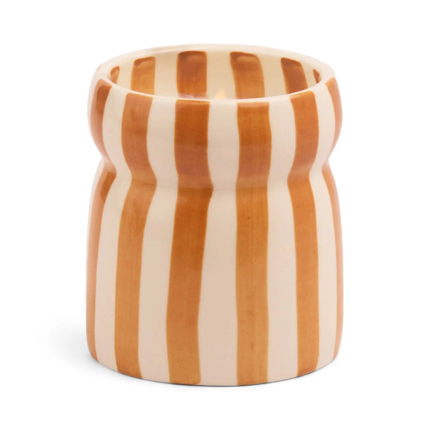 A food-safe ceramic Cabana Rust Candle in Sienna Sunset, featuring a fluted rim and vertical orange and white stripes.