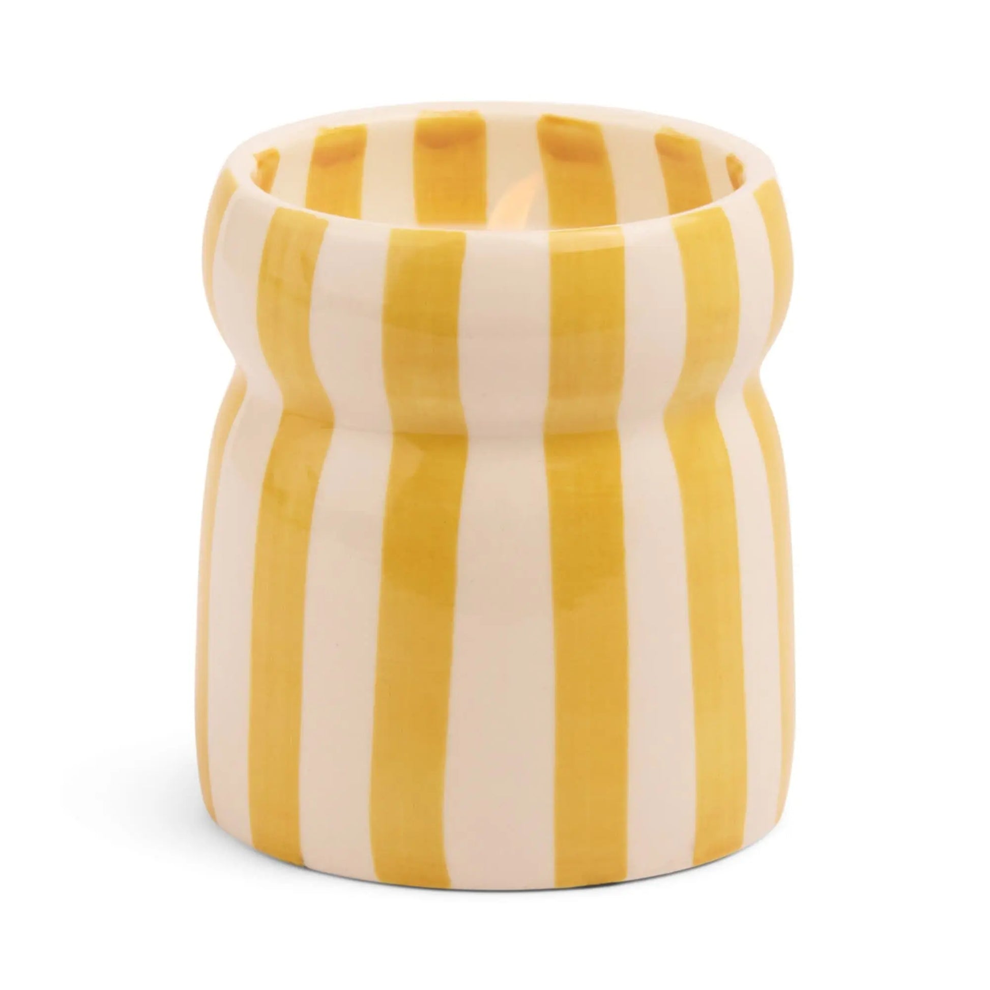 The Cabana Ceramic Candle - Gold Coast features vertical yellow and white stripes with a gently indented middle, capturing the relaxed coastal charm of its namesake.