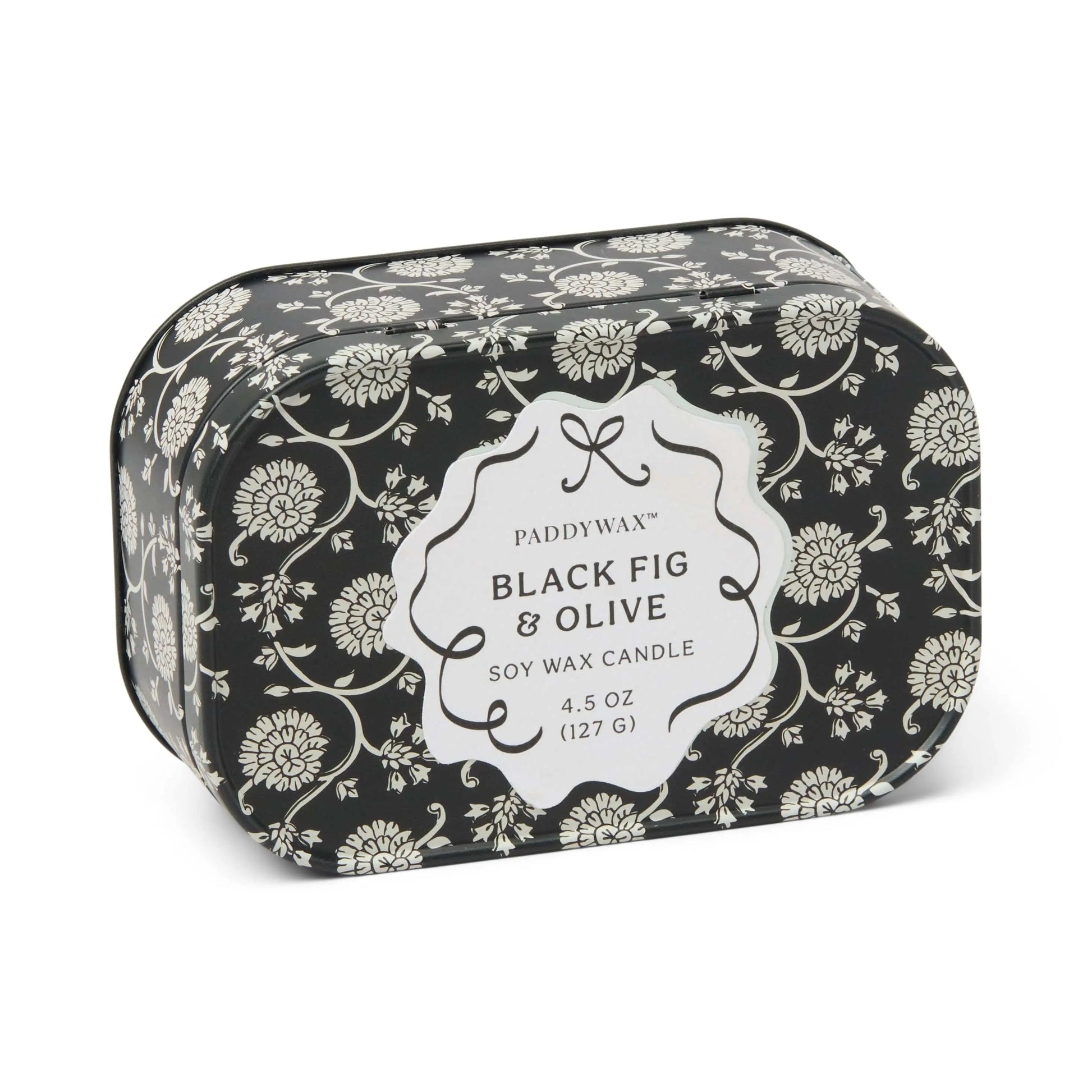 Cherie 4.5 oz Tin Candle - Black Fig & Olive on white background.