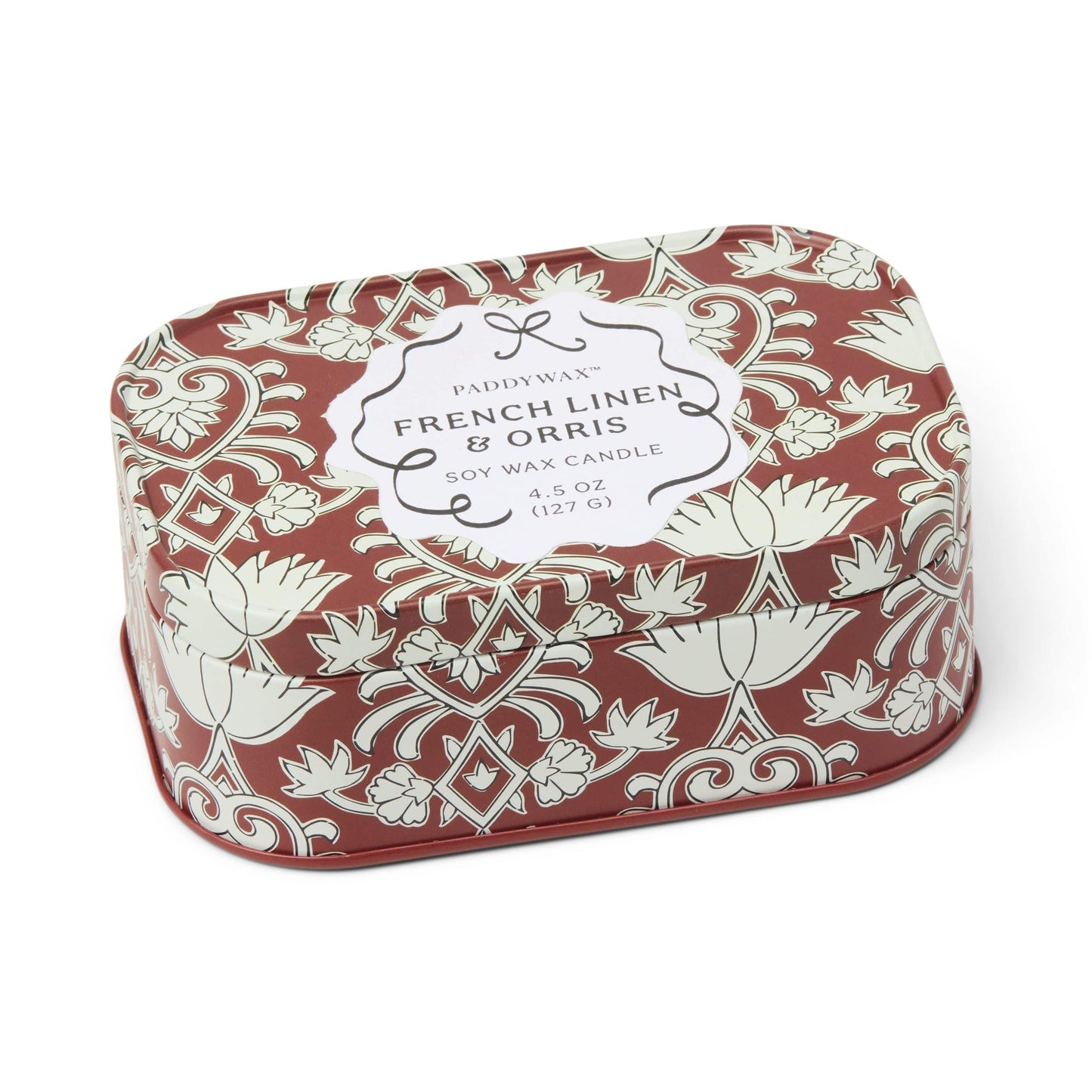 Cherie 4.5 oz Tin Candle - French Linen & Orris on white background.