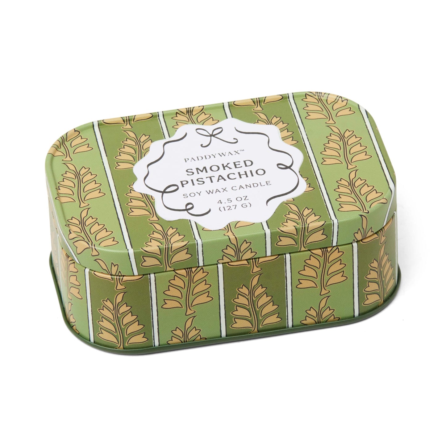 Cherie 4.5 oz Tin Candle - Smoked Pistachio on white background.