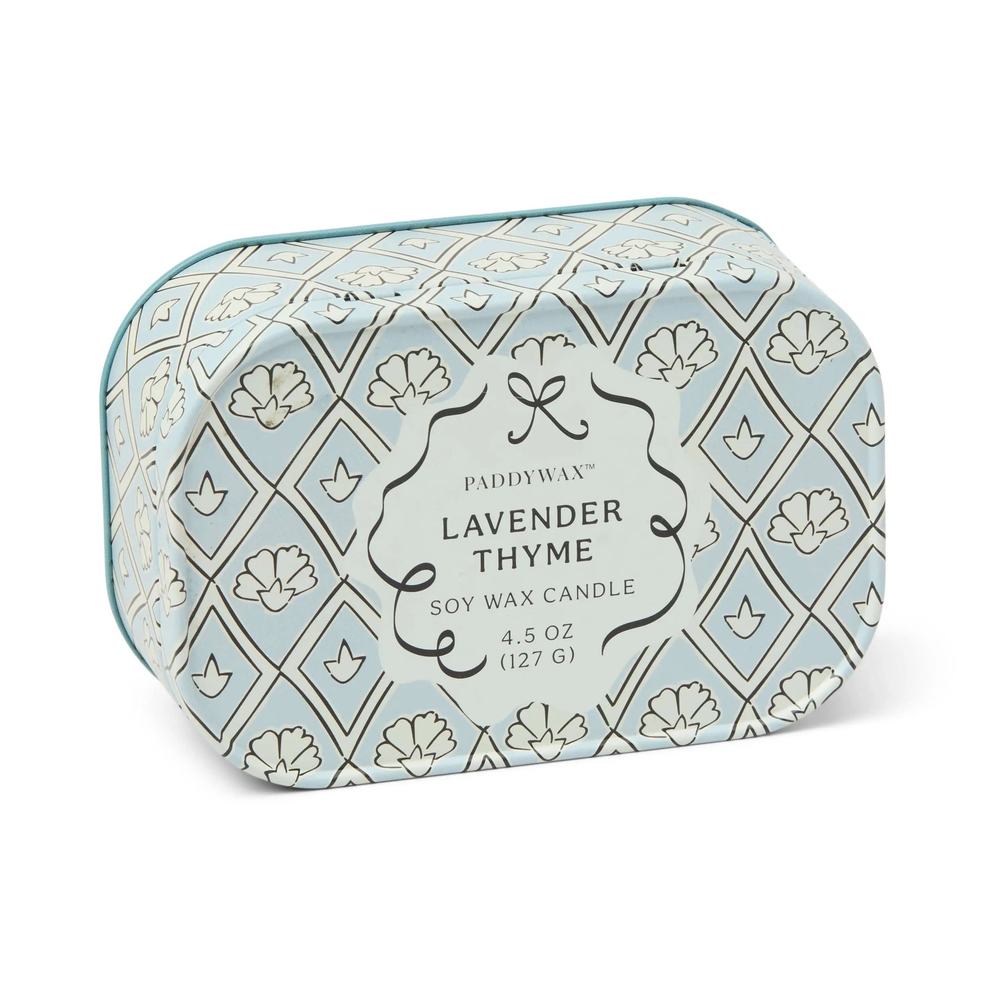 Cherie 4.5 oz Tin Candle - Lavender & Thyme on white background.