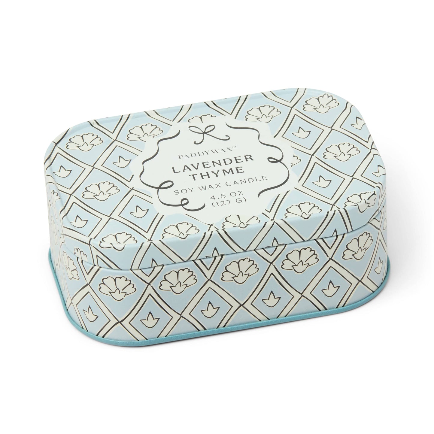 Cherie 4.5 oz Tin Candle - Lavender & Thyme on white background.