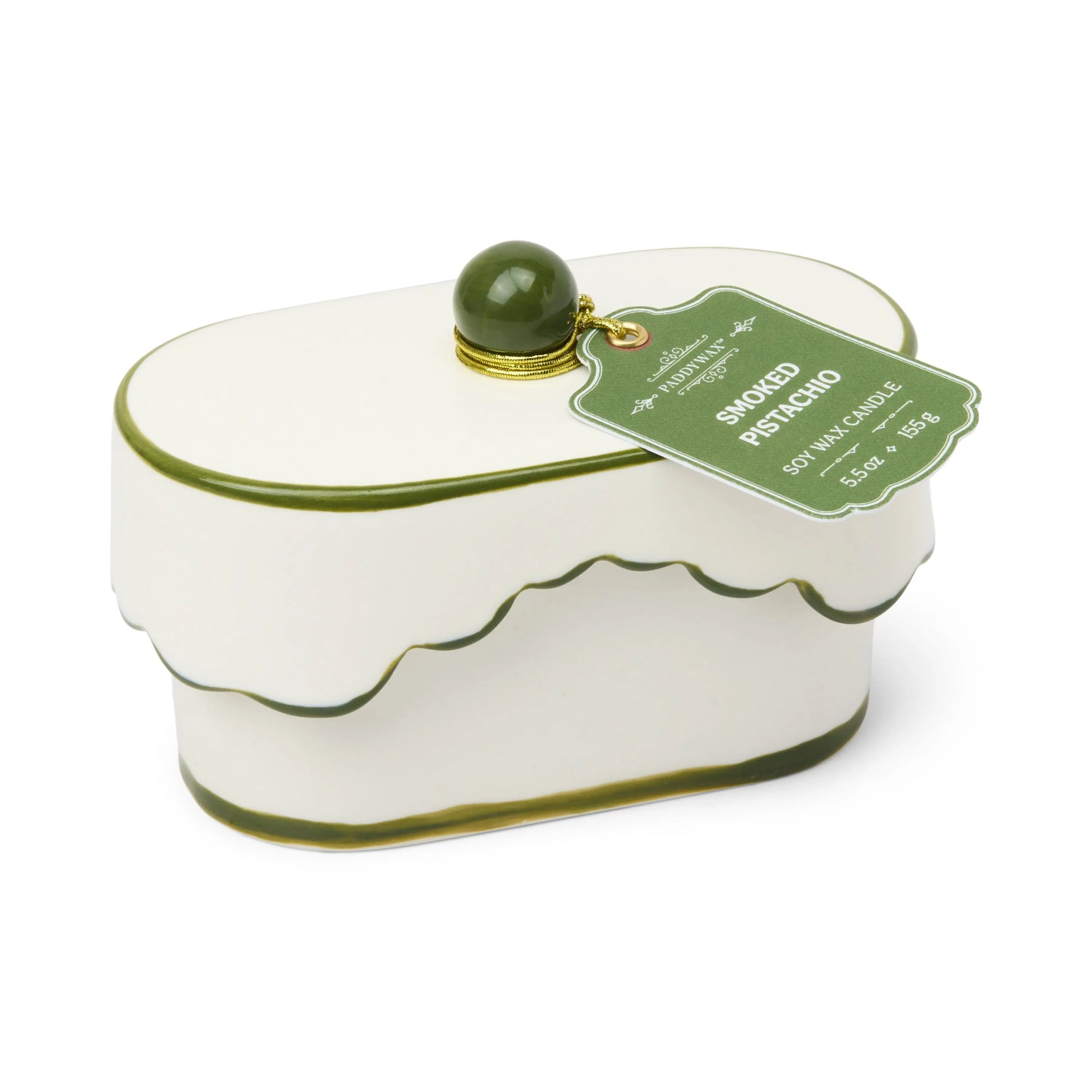 Cherie 5.5 oz Ceramic Candle - Smoked Pistachio on white background.