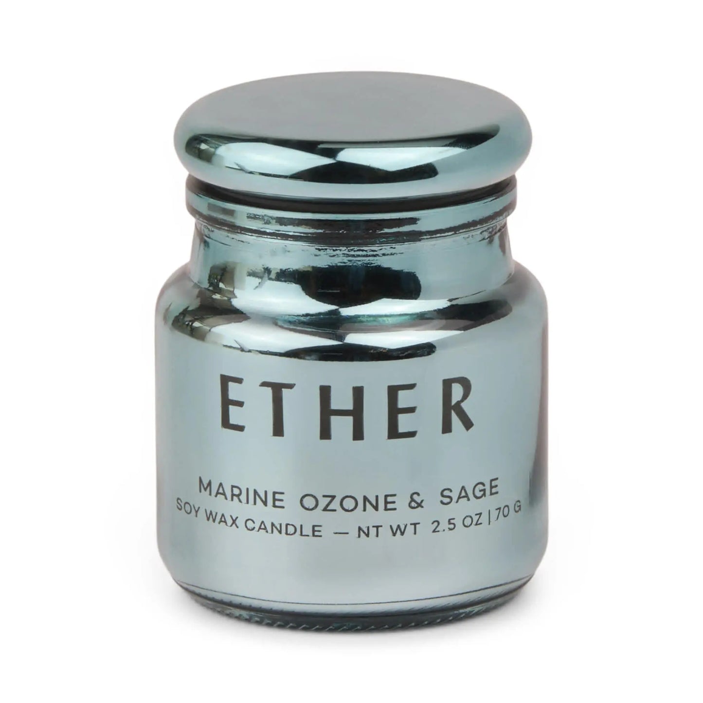 A metallic blue electroplated glass jar labeled ETHER holds the Chroma Candle - Sea Salt & Sage, a soy wax candle with marine ozone and sage scent, net weight 2.5 oz (70 g).