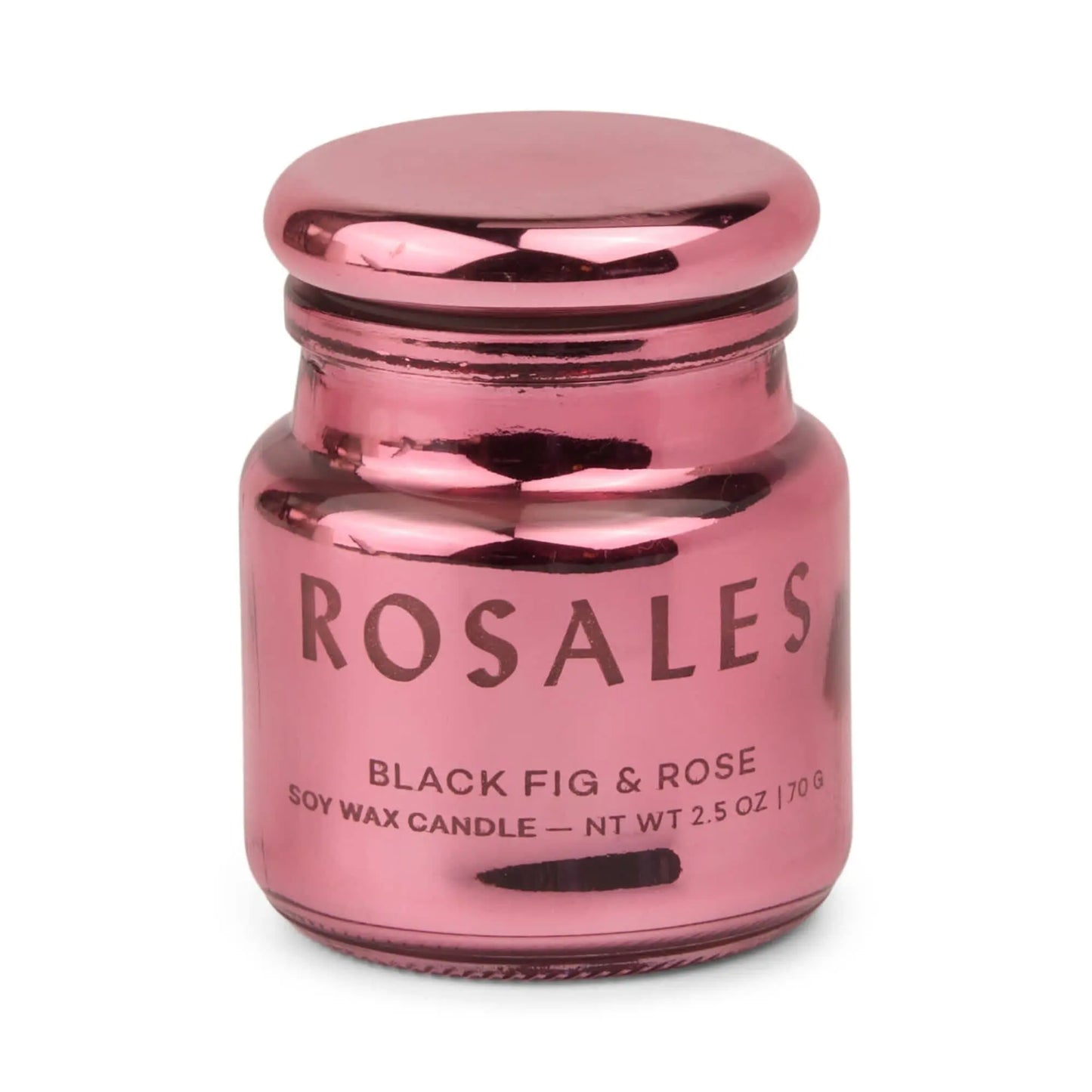A small, metallic pink electroplated glass jar labeled Chroma Candle - Saffron Rose — NT WT 2.5 OZ / 70 G from the Chroma collection for a unique scent experience.