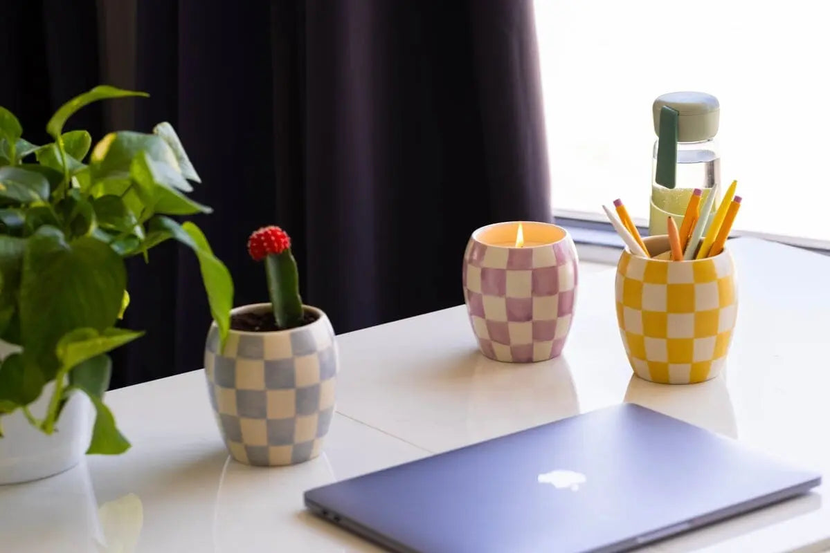 A closed laptop rests on a desk with a potted plant, small cactus, Checkmate 11 oz Candle - Lavender Mimosa, hand-painted vessels, a pencil cup, and water bottle near the window—creating an inviting scene with reusable decor.