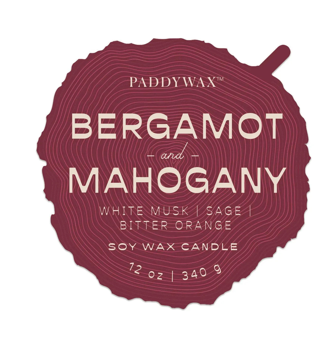 Grain Candle - Bergamot & Mahogany: A 12 oz (340 g) Paddywax ceramic candle with warm notes of white musk, sage, and bitter orange in a woodgrain-inspired design.