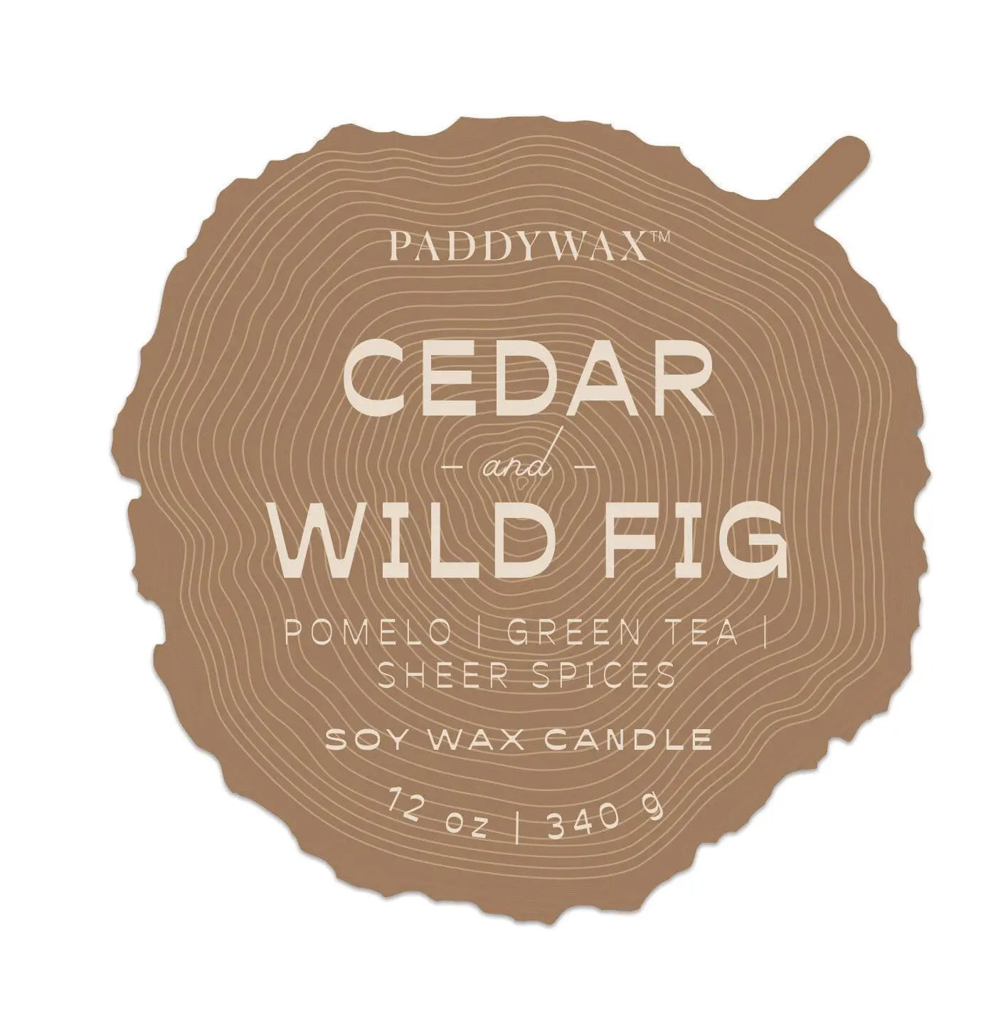 Brown woodgrain-inspired label reads: Grain Candle - Cedar & Wild Fig | Pomelo, Green Tea, Sheer Spices, Cedarwood scent | Soy Wax Candle 12 oz (340g).