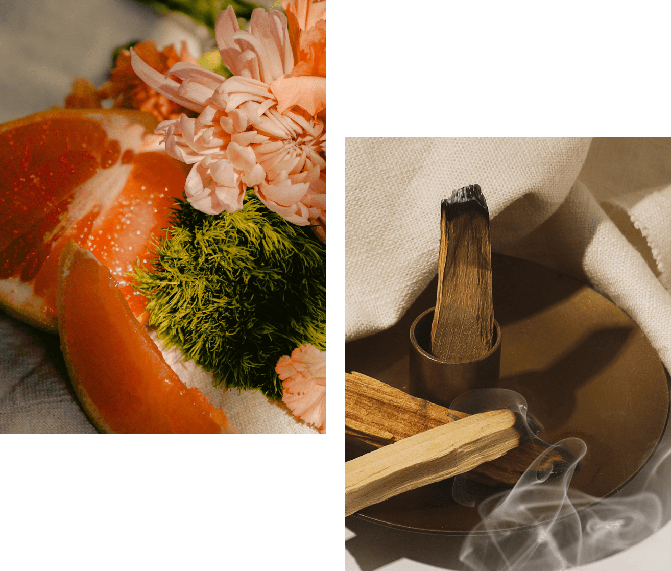 A split image of citrus fruits on the left and incense sticks with smoke on the right.