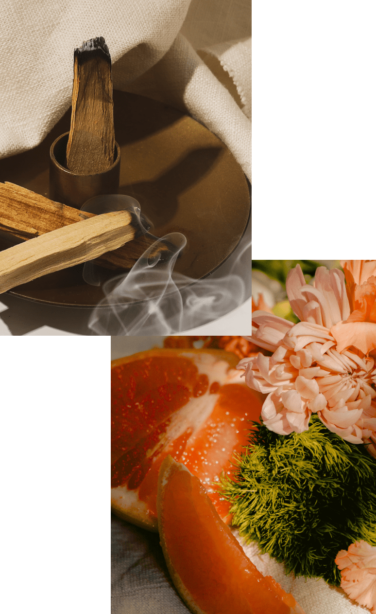 A split image of citrus fruits on the left and incense sticks with smoke on the right.