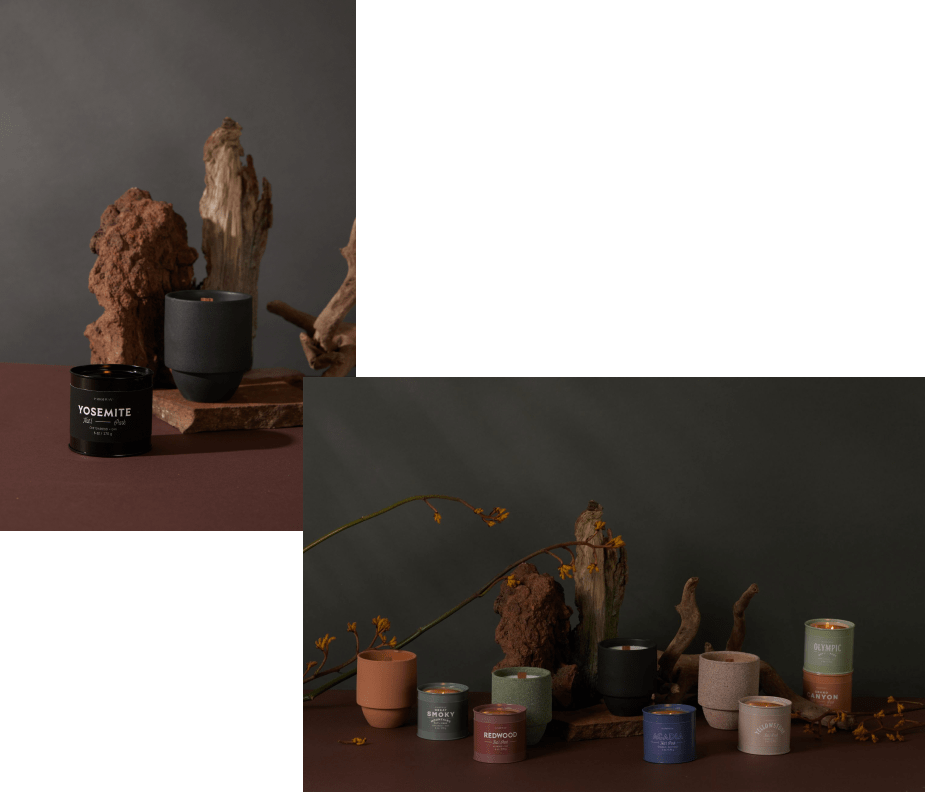 Assorted candles in various colored containers arranged on a brown surface with driftwood and dried flowers, set against a dark background.