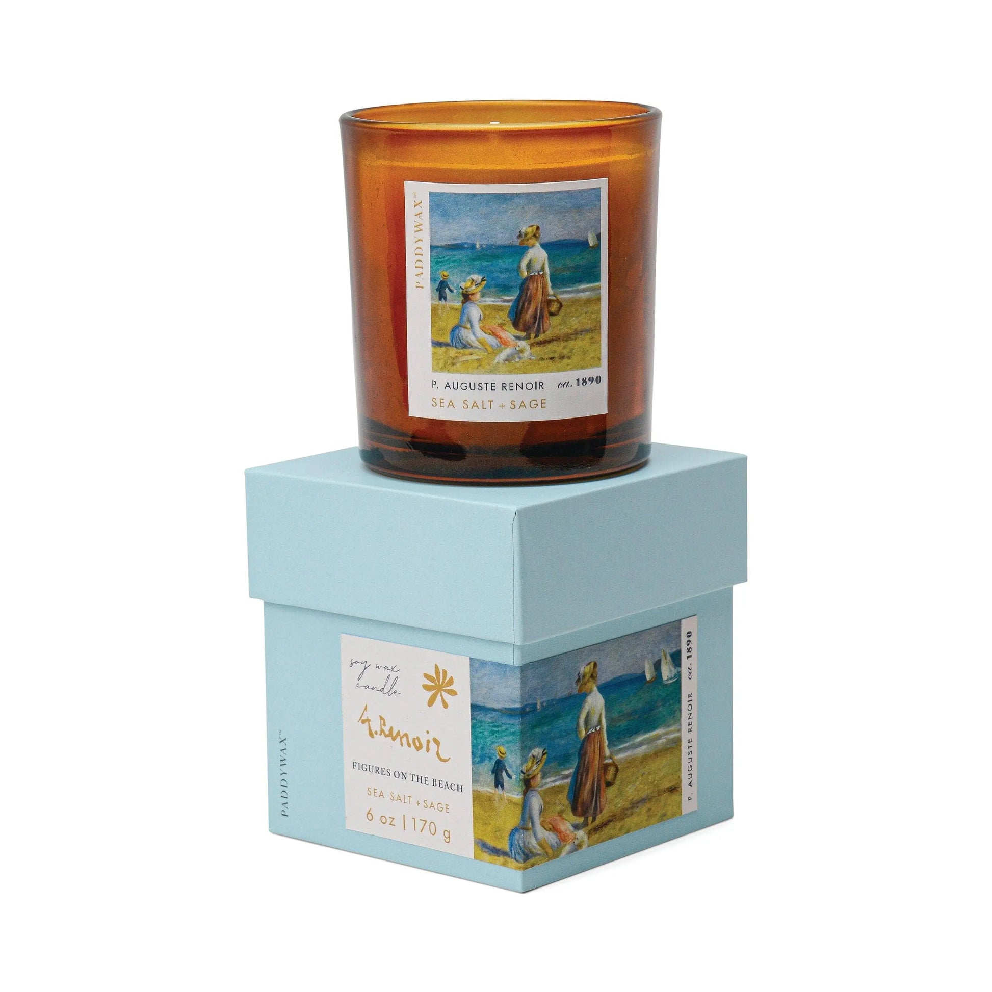 The Impressionist Candle - Renoir Sea Salt + Sage features a brown glass jar and light blue box, both adorned with a Renoir beach painting, blending art-inspired design with a refreshing sea salt and sage fragrance.