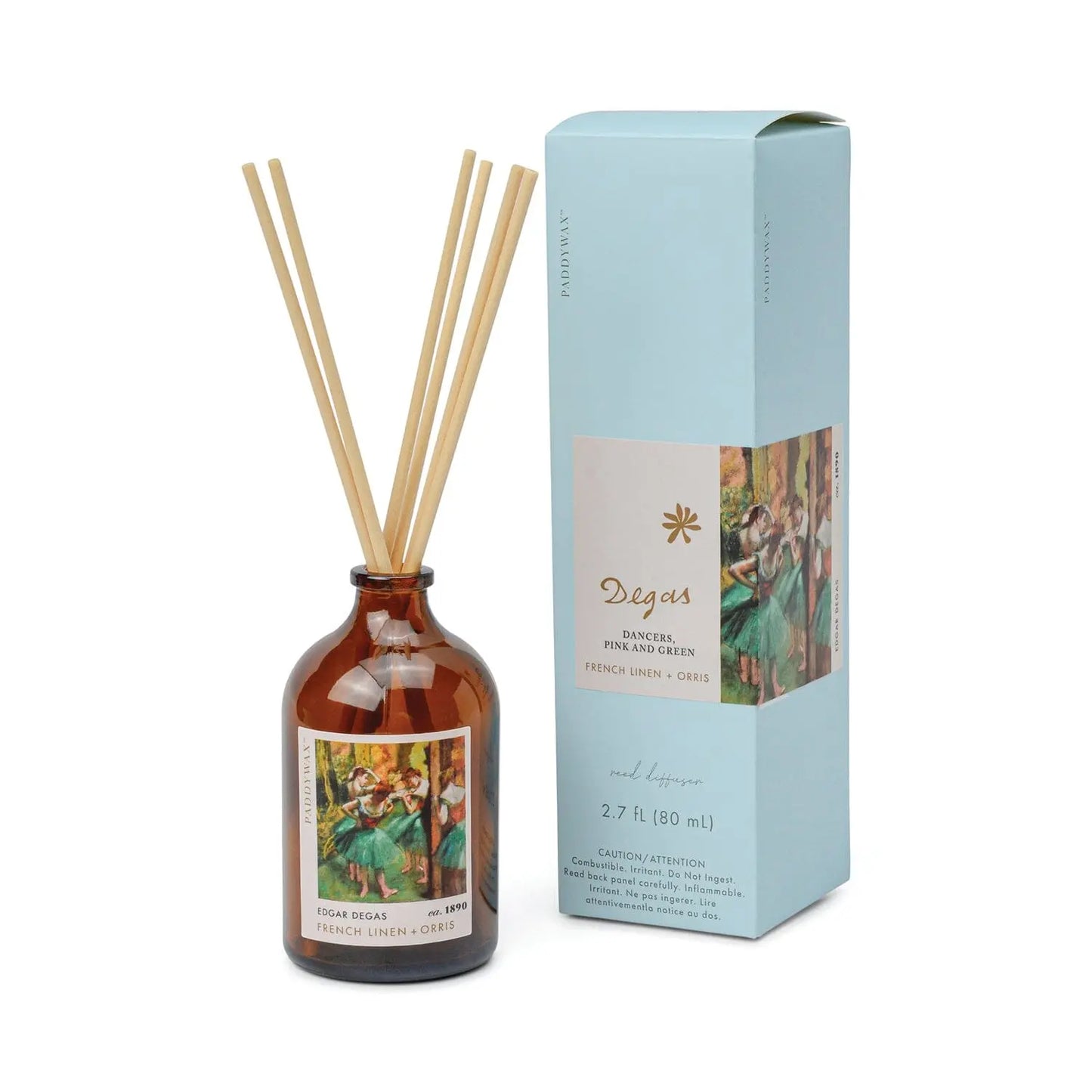 The Impressionist Diffuser - Degas French Linen + Orris features a brown glass bottle with a Degas artwork label, paired with a light blue box displaying the same Impressionist design and product details.