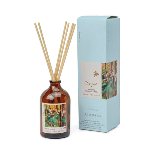 The Impressionist Diffuser - Degas French Linen + Orris features a brown glass bottle with a Degas artwork label, paired with a light blue box displaying the same Impressionist design and product details.