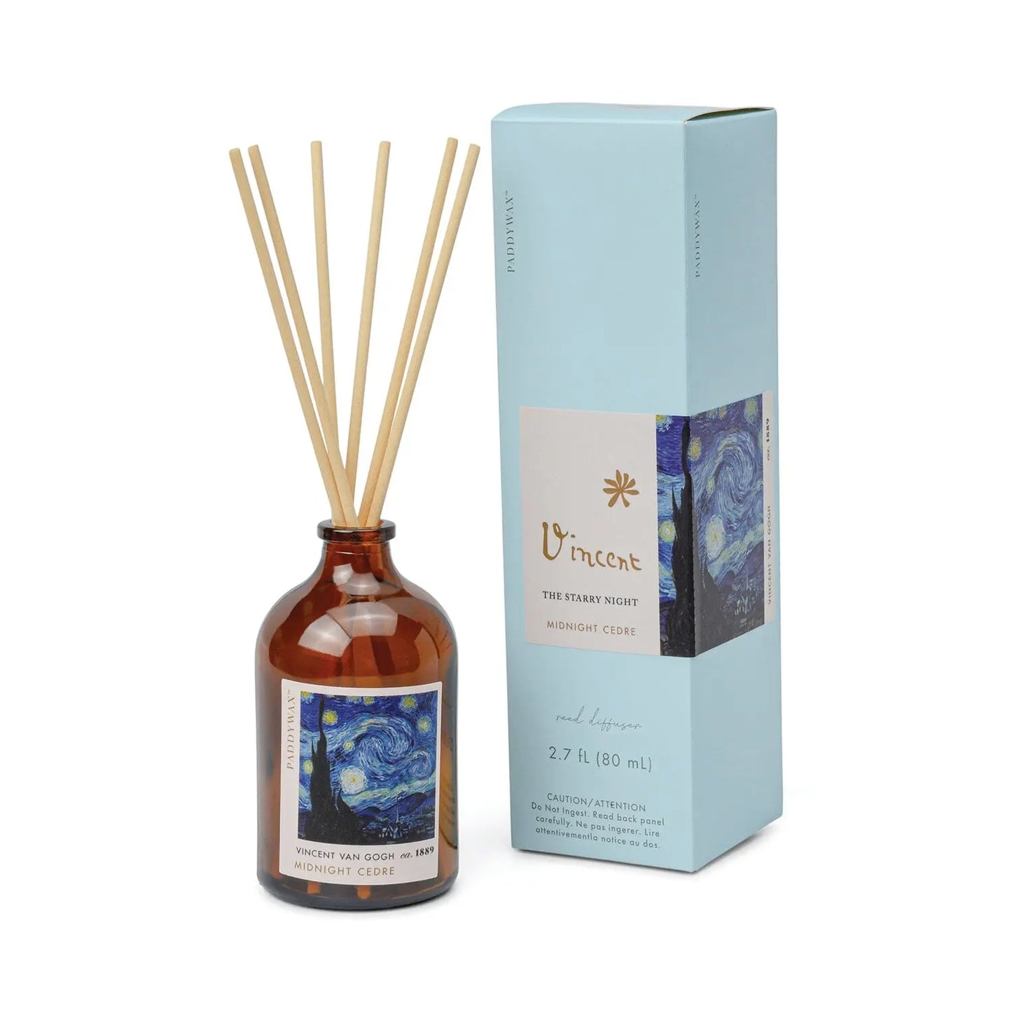 The Impressionist Diffuser - Vincent Midnight Cedre features a brown bottle with wooden sticks and packaging inspired by Van Gogh’s The Starry Night, labeled Midnight Cedar, 2.7 fl oz (80 ml).