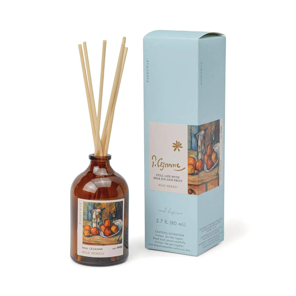 The Impressionist Diffuser - Cezanne Wild Neroli features a brown glass bottle and blue box with art inspired by classic paintings—an ideal choice for reed diffuser and art enthusiasts alike.