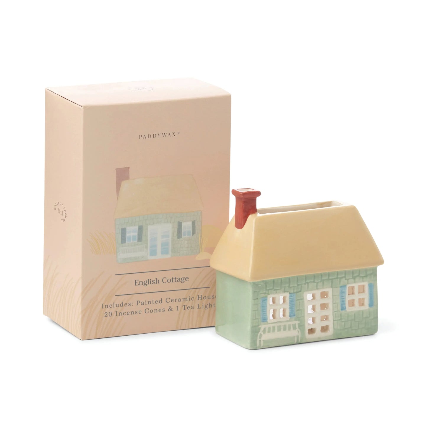 Number 04 of a Collectible Series, The English Cottage, sits next to a painted ceramic house incense holder set by Paddywax, serving as charming ceramic decor.