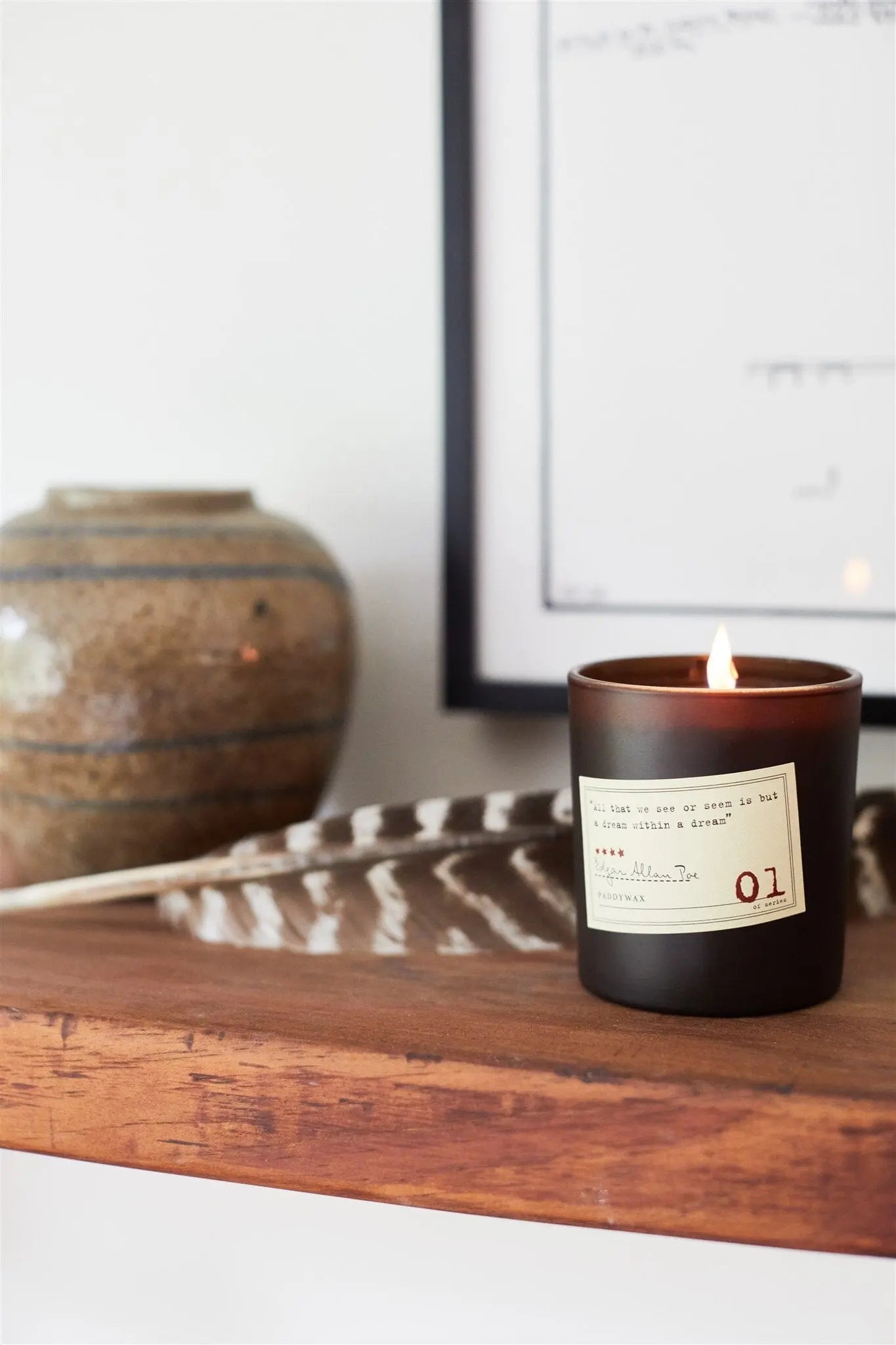 A Library 6 oz Candle - Edgar Allan Poe, in a dark glass holder, sits on a wooden shelf beside a feather and ceramic vase—a cozy setup for book lovers drawn to literary scents. A framed picture completes the background ambiance.