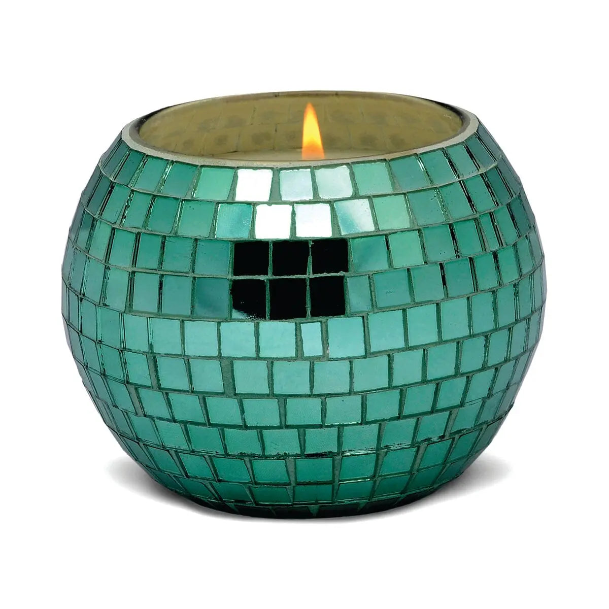 The Magique Green Disco Ball - Tobac & Pine is a hand-crafted candle in a round holder adorned with green mosaic tiles, perfect for bringing elegance to your home decor. Photographed on a white background.